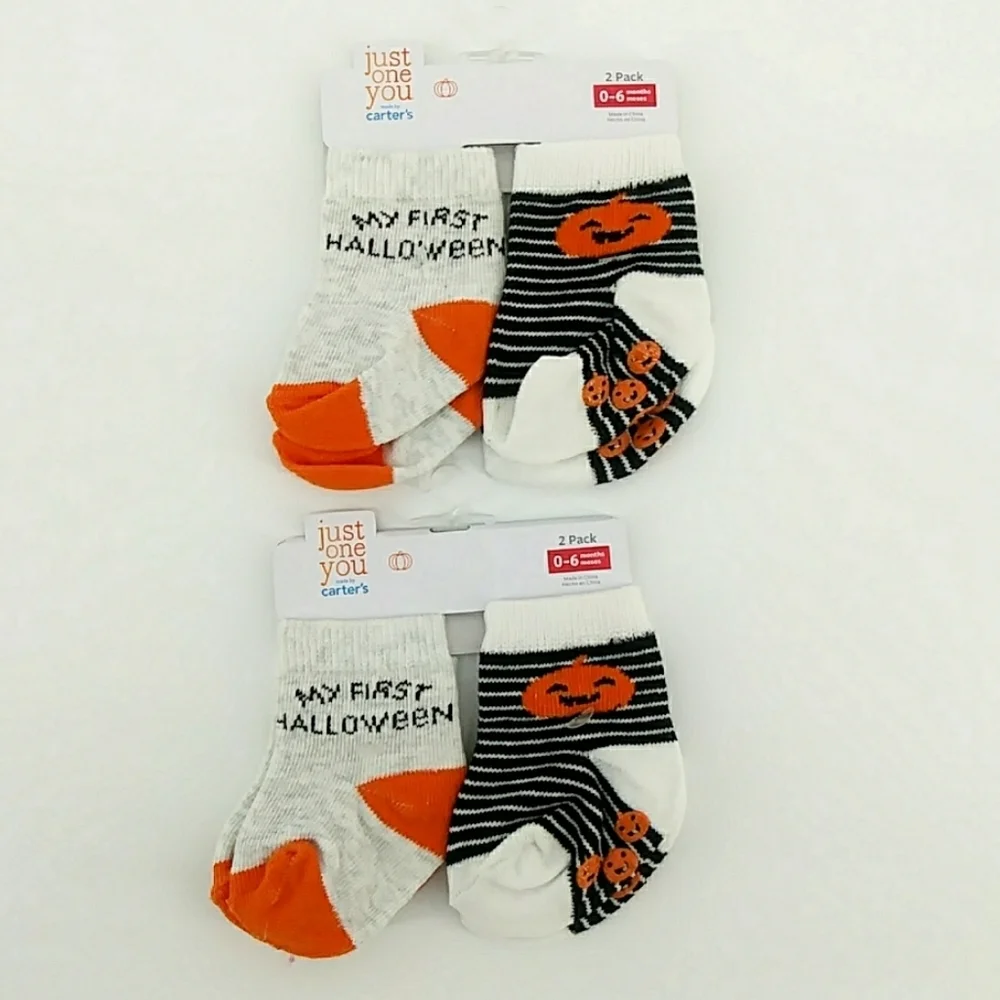 ⭐3/$30 NWT Carter's My First Halloween Socks Slipper Set Pumpkin Stripes 0-6